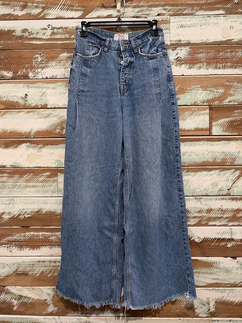 WE THE FREE PEOPLE Button Fly Wide Leg Jean Boho Festival Raw High Rise Size 26